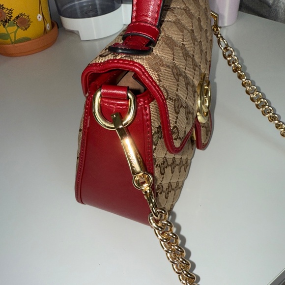 Authentic Gucci GG Marmont Mini Top Handle Bag - GG Supreme Canvas Red Leather G - Picture 2 of 8